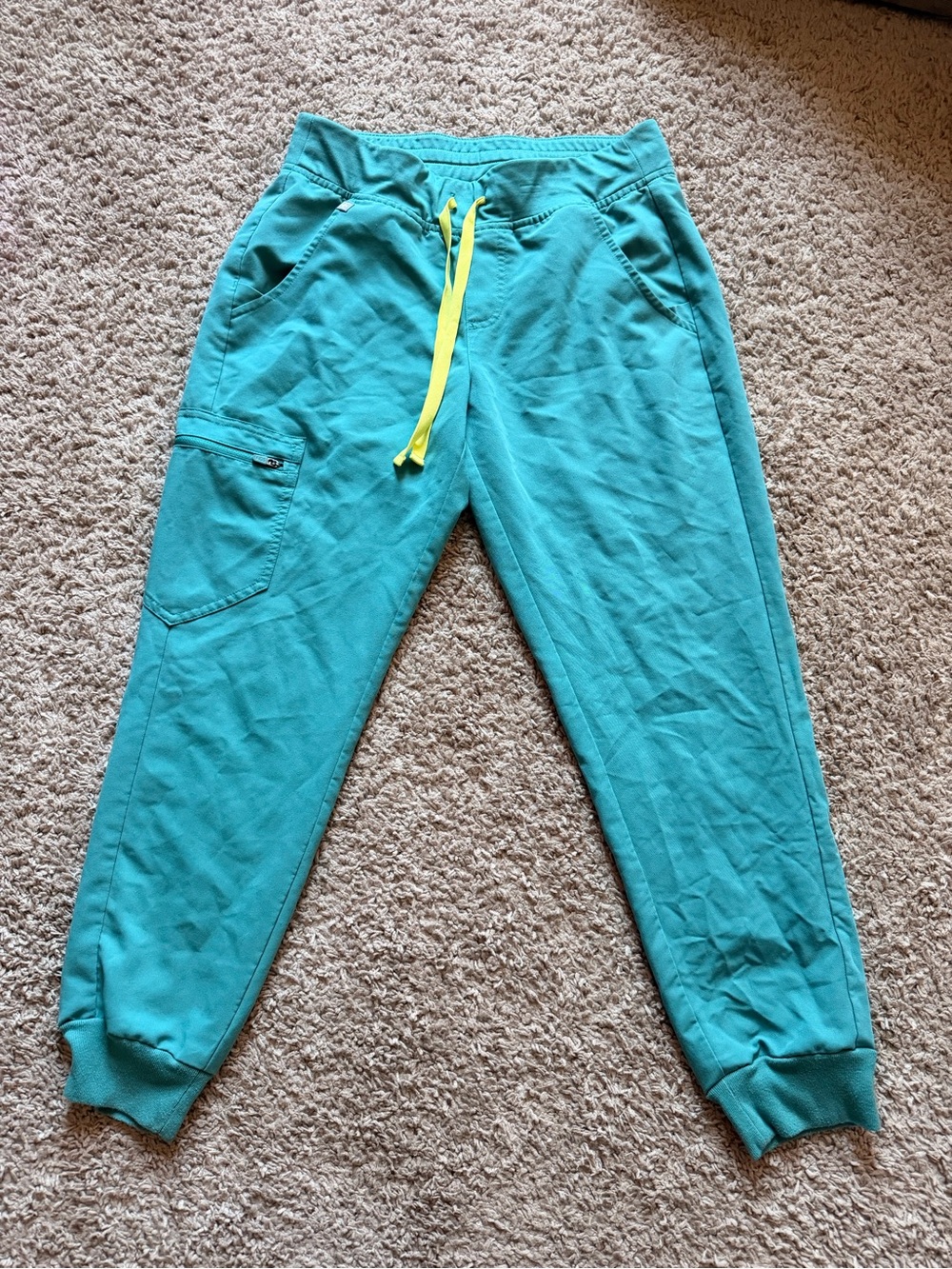 Figs Zamora Small - Teal/Cactus Jogger Pants with Neon Yellow Drawcord
